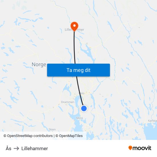 Ås to Lillehammer map