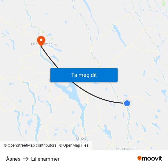 Åsnes to Lillehammer map