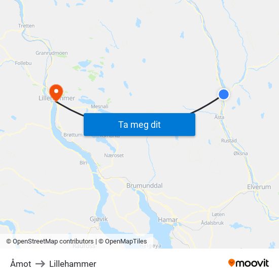 Åmot to Lillehammer map