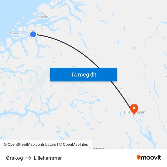 Ørskog to Lillehammer map