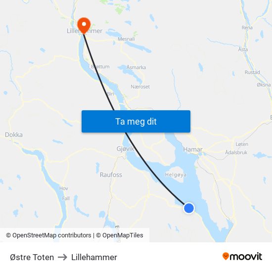 Østre Toten to Lillehammer map