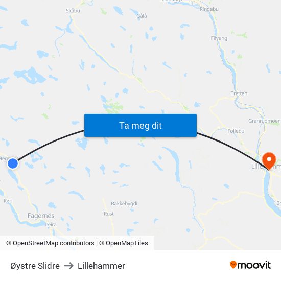 Øystre Slidre to Lillehammer map