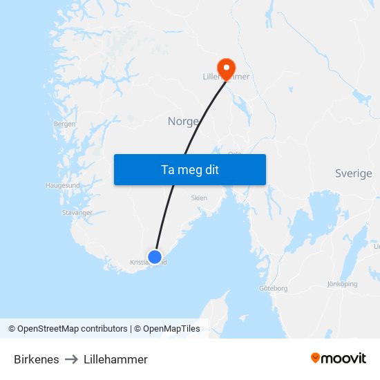 Birkenes to Lillehammer map