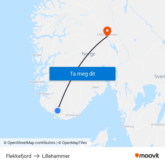 Flekkefjord to Lillehammer map