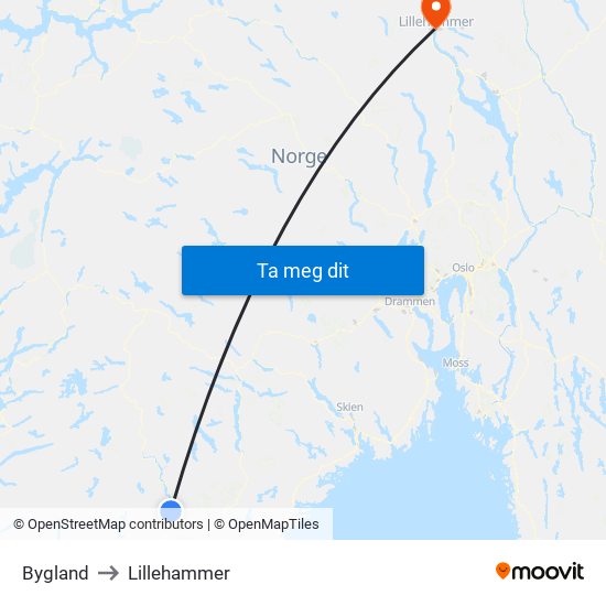 Bygland to Lillehammer map