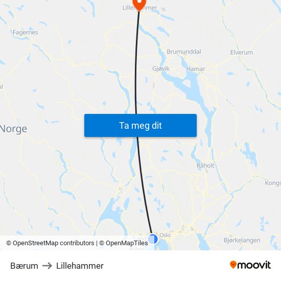 Bærum to Lillehammer map