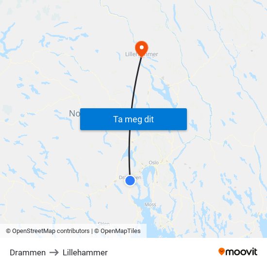 Drammen to Lillehammer map