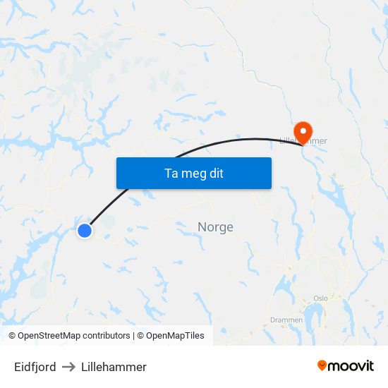 Eidfjord to Lillehammer map