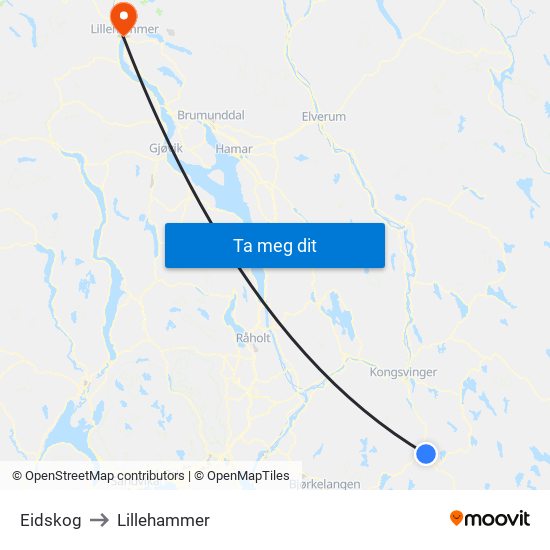 Eidskog to Lillehammer map