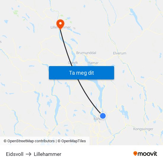 Eidsvoll to Lillehammer map