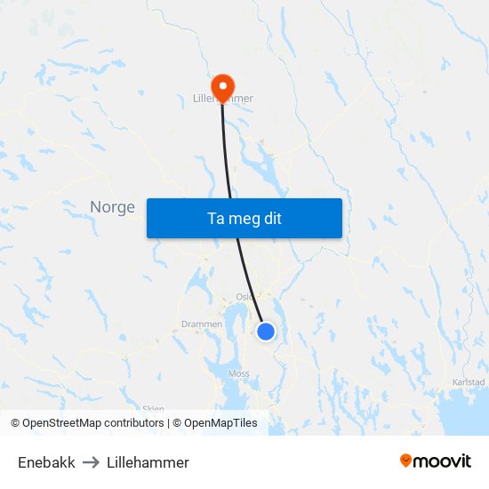 Enebakk to Lillehammer map