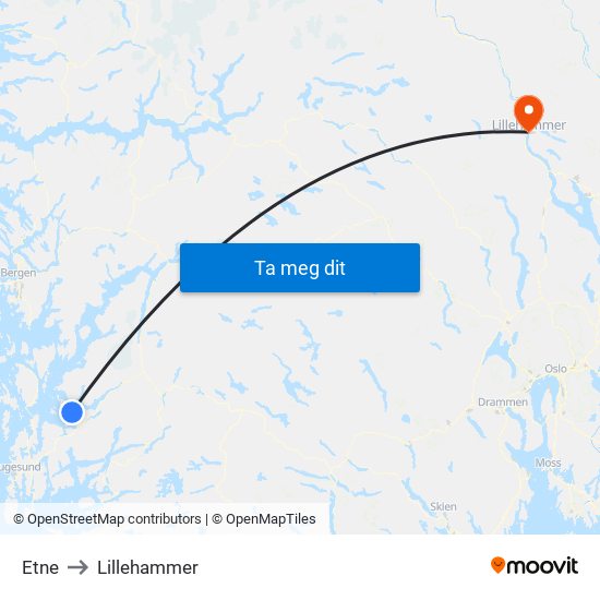 Etne to Lillehammer map