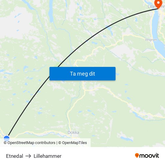Etnedal to Lillehammer map