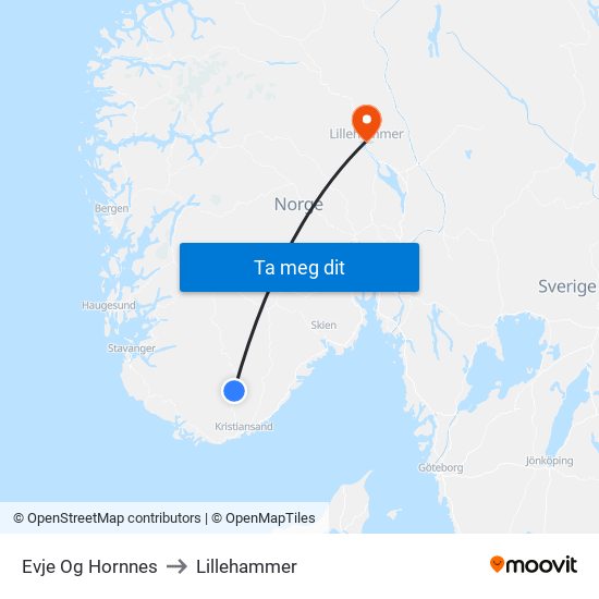 Evje Og Hornnes to Lillehammer map