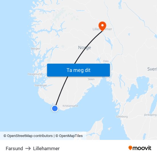 Farsund to Lillehammer map