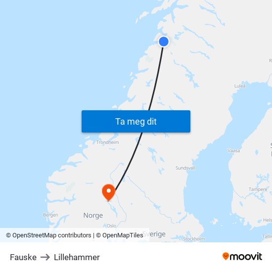 Fauske to Lillehammer map