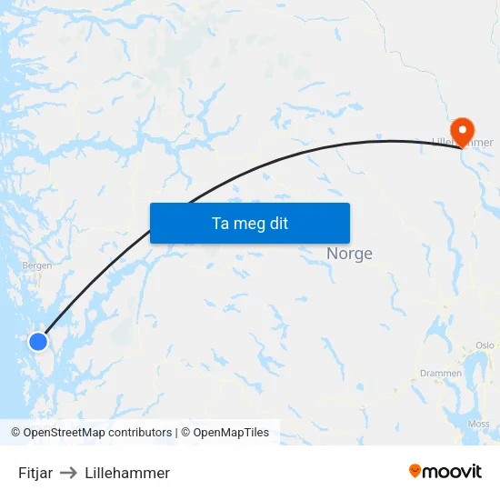 Fitjar to Lillehammer map