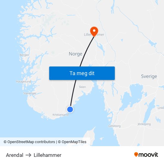 Arendal to Lillehammer map