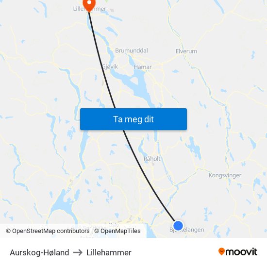 Aurskog-Høland to Lillehammer map