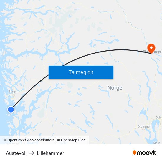 Austevoll to Lillehammer map