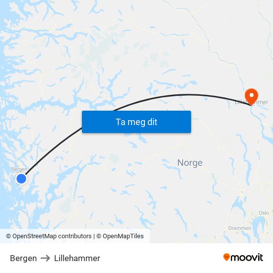 Bergen to Lillehammer map