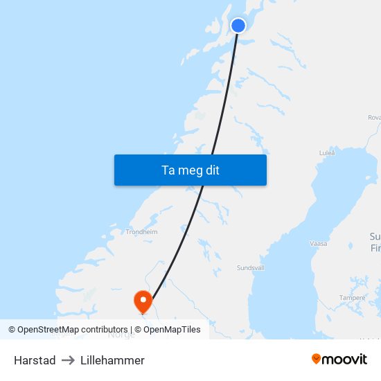 Harstad to Lillehammer map