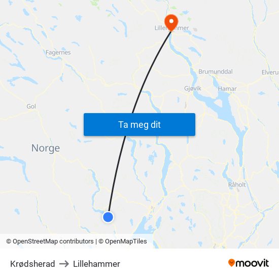 Krødsherad to Lillehammer map