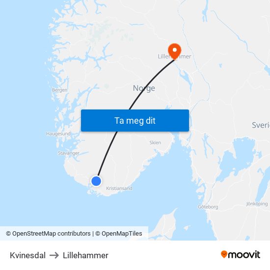 Kvinesdal to Lillehammer map