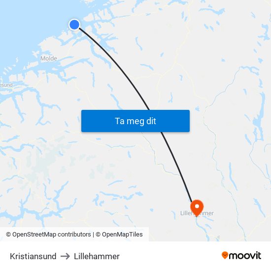 Kristiansund to Lillehammer map