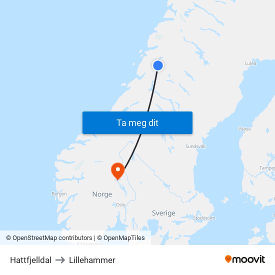 Hattfjelldal to Lillehammer map