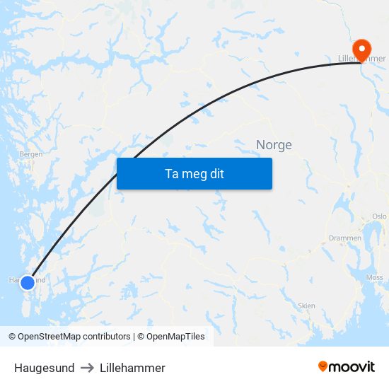 Haugesund to Lillehammer map