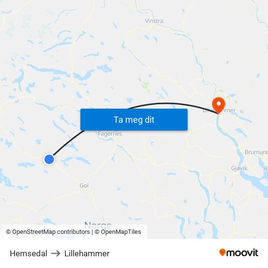 Hemsedal to Lillehammer map