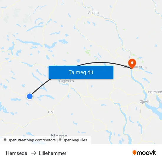 Hemsedal to Lillehammer map