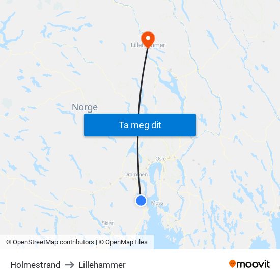 Holmestrand to Lillehammer map