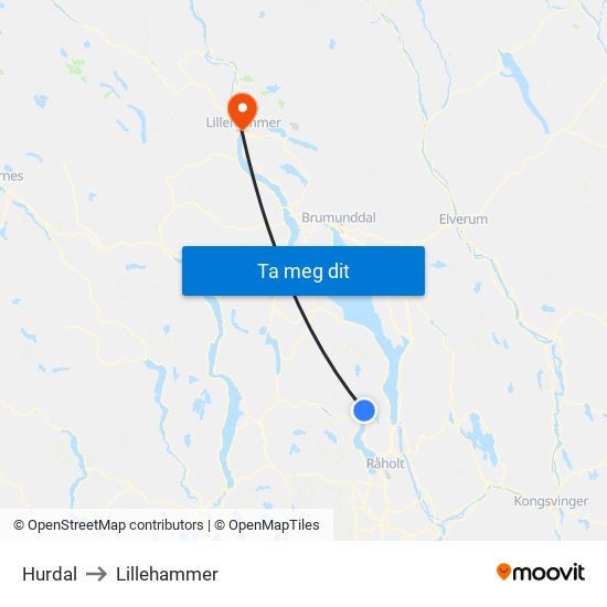 Hurdal to Lillehammer map