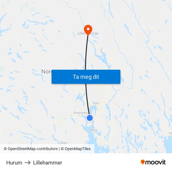Hurum to Lillehammer map