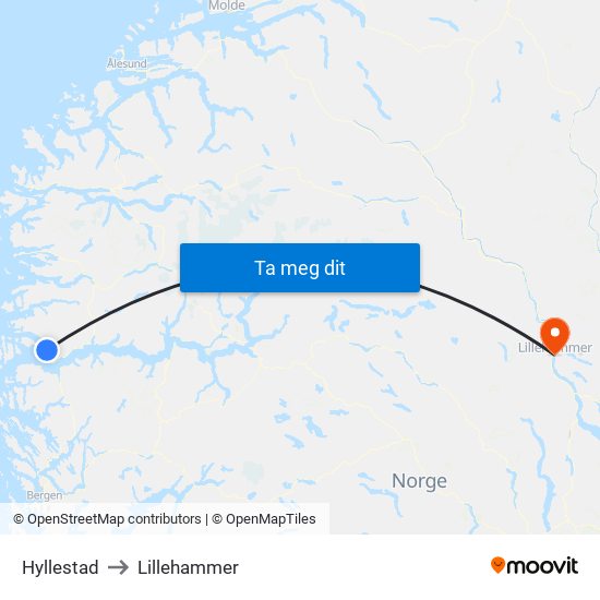 Hyllestad to Lillehammer map