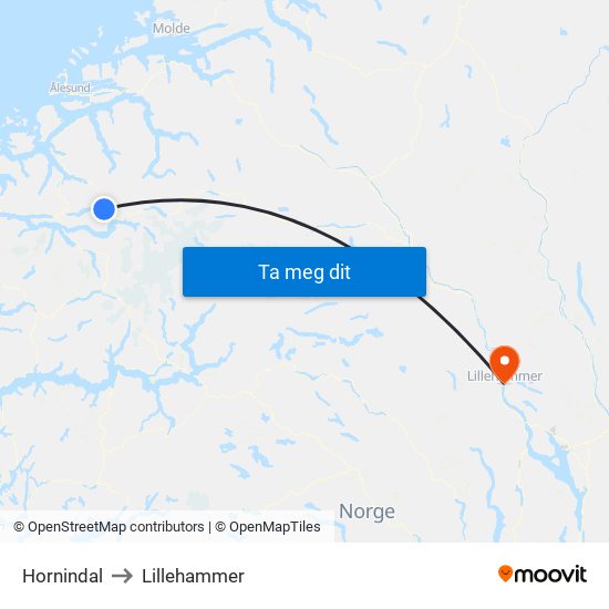 Hornindal to Lillehammer map
