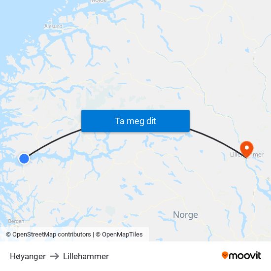 Høyanger to Lillehammer map