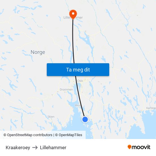 Kraakeroey to Lillehammer map