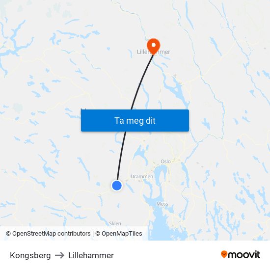 Kongsberg to Lillehammer map