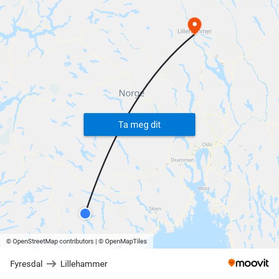 Fyresdal to Lillehammer map