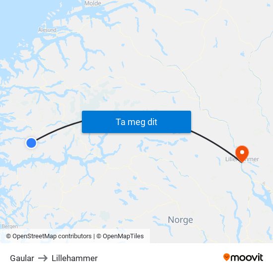 Gaular to Lillehammer map