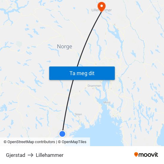 Gjerstad to Lillehammer map