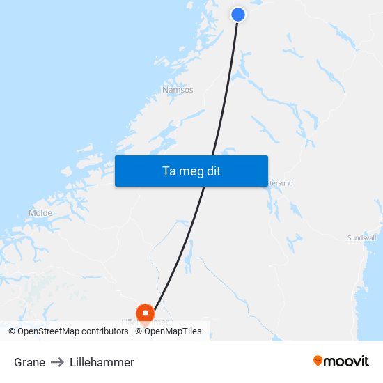 Grane to Lillehammer map