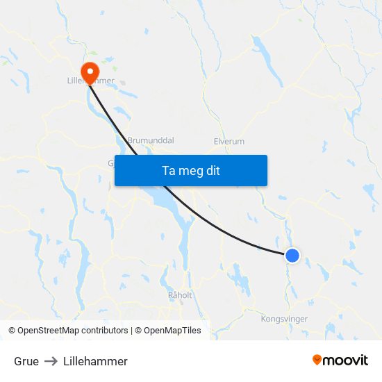 Grue to Lillehammer map