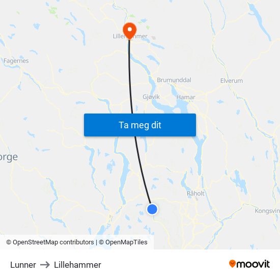 Lunner to Lillehammer map
