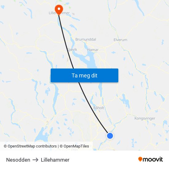 Nesodden to Lillehammer map