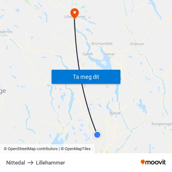 Nittedal to Lillehammer map