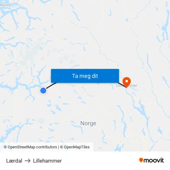 Lærdal to Lillehammer map